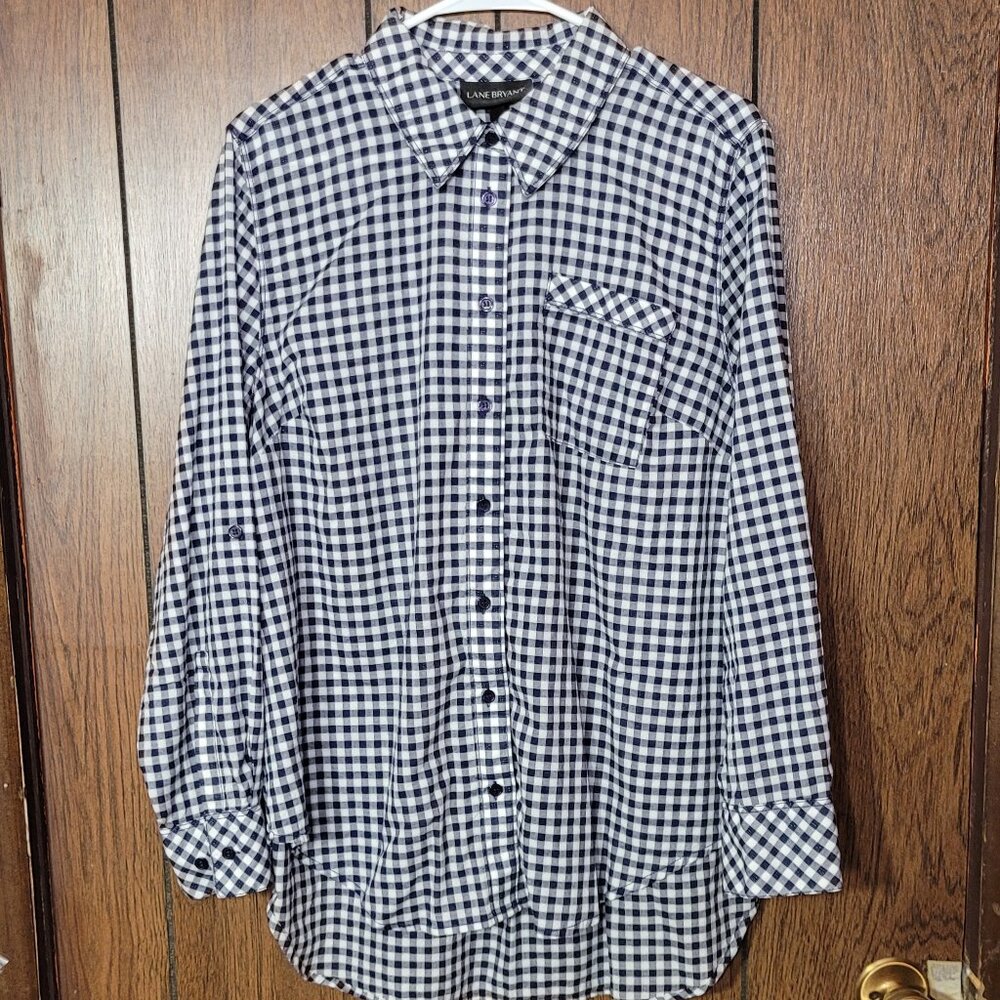Lane Bryant Long Sleeved Button Down Navy & White Checked Top Sz 16 100% Cotton